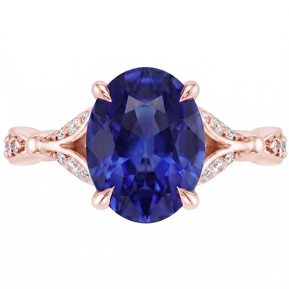 Rose Gold Gemstone Ring Split Shank Blue Sapphire & Natural Earth Mined Diamonds 3 Carats