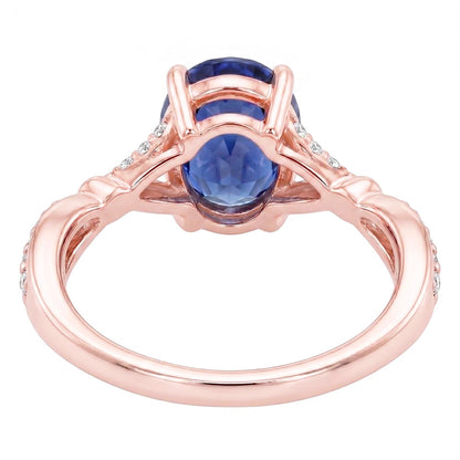Rose Gold Gemstone Ring Split Shank Blue Sapphire & Natural Earth Mined Diamonds 3 Carats