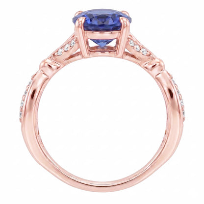 Rose Gold Gemstone Ring Split Shank Blue Sapphire & Natural Earth Mined Diamonds 3 Carats