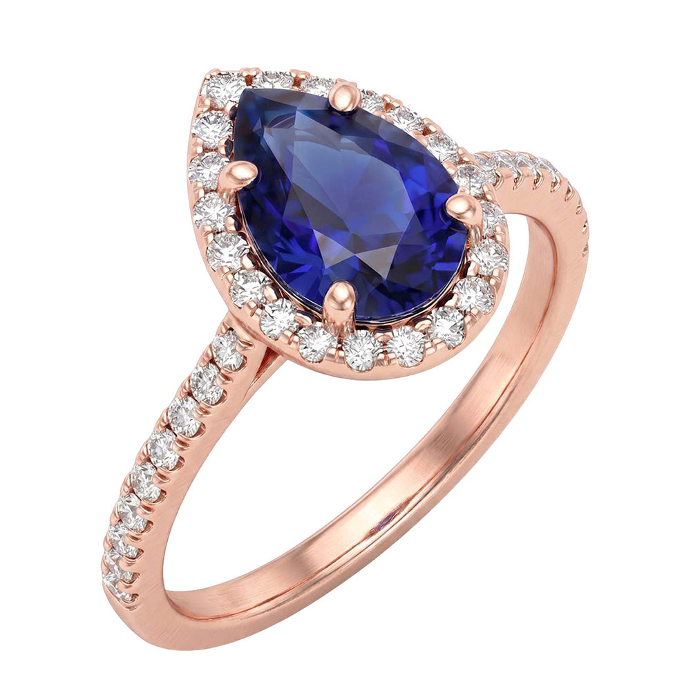 Rose Gold Halo Blue Sapphire Ring Pear Cut & Natural Earth Mined Diamond Accented 3 Carats