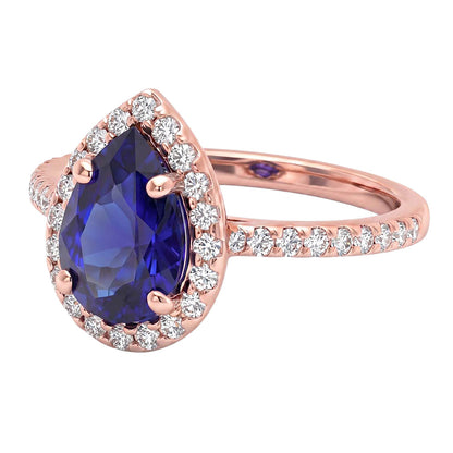 Rose Gold Halo Blue Sapphire Ring Pear Cut & Natural Earth Mined Diamond Accented 3 Carats
