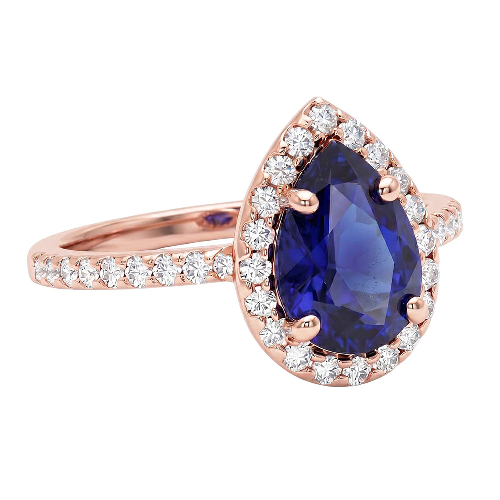 Rose Gold Halo Blue Sapphire Ring Pear Cut & Natural Earth Mined Diamond Accented 3 Carats