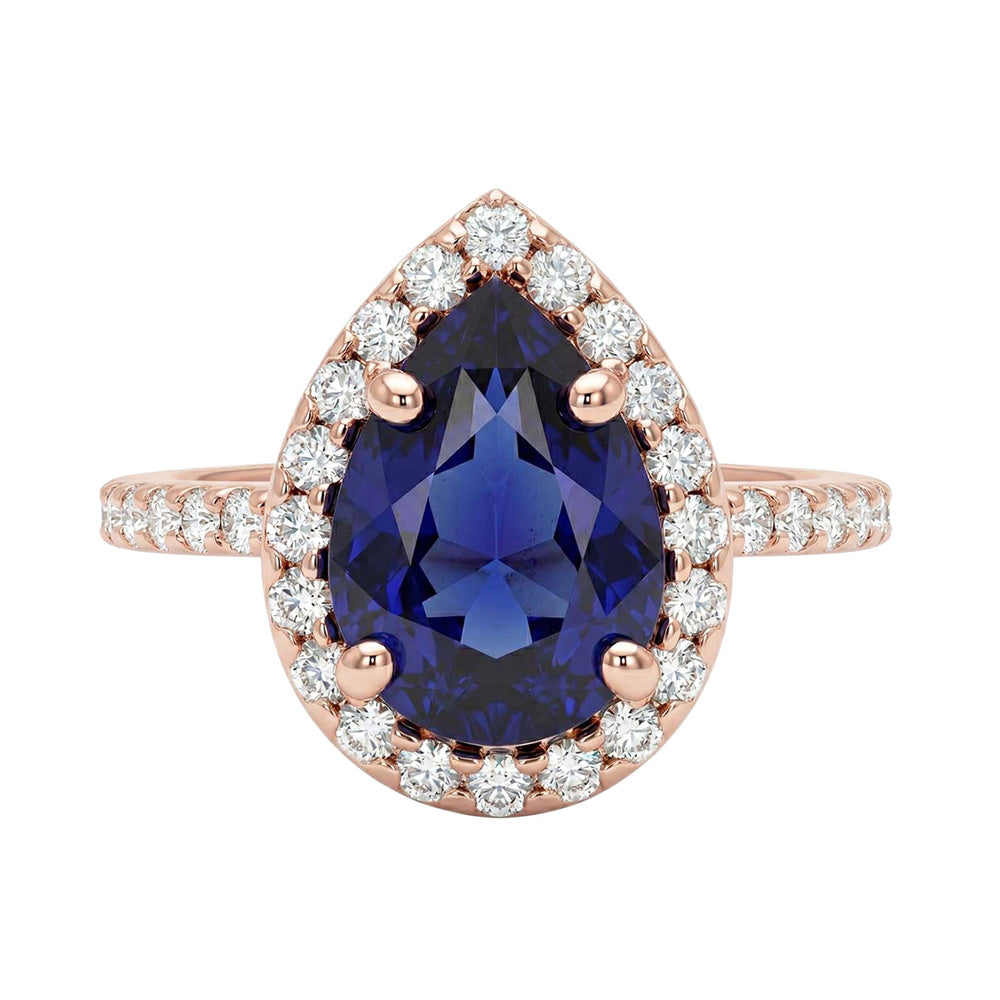 Rose Gold Halo Blue Sapphire Ring Pear Cut & Natural Earth Mined Diamond Accented 3 Carats