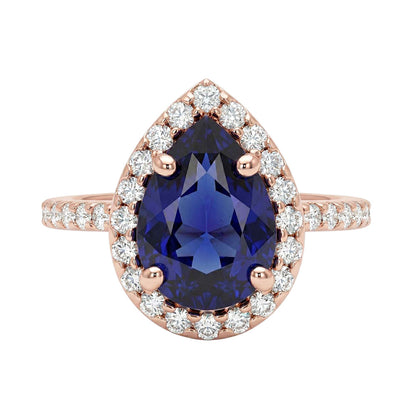 Rose Gold Halo Blue Sapphire Ring Pear Cut & Natural Earth Mined Diamond Accented 3 Carats