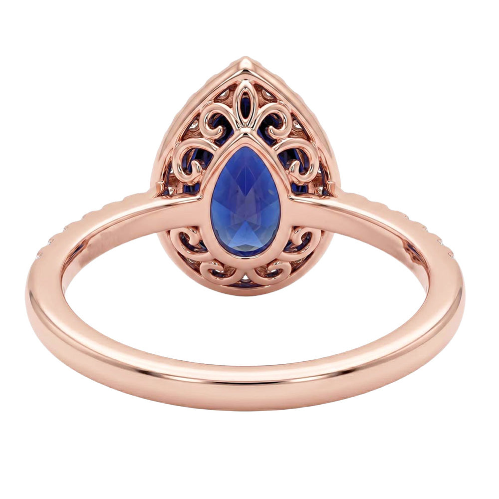 Rose Gold Halo Blue Sapphire Ring Pear Cut & Natural Earth Mined Diamond Accented 3 Carats