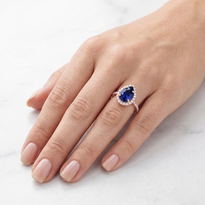 Rose Gold Halo Blue Sapphire Ring Pear Cut & Natural Earth Mined Diamond Accented 3 Carats