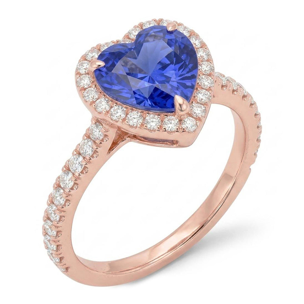 Rose Gold Halo Heart Blue Sapphire Ring With Natural Earth Mined Diamond Accents 3 Carats