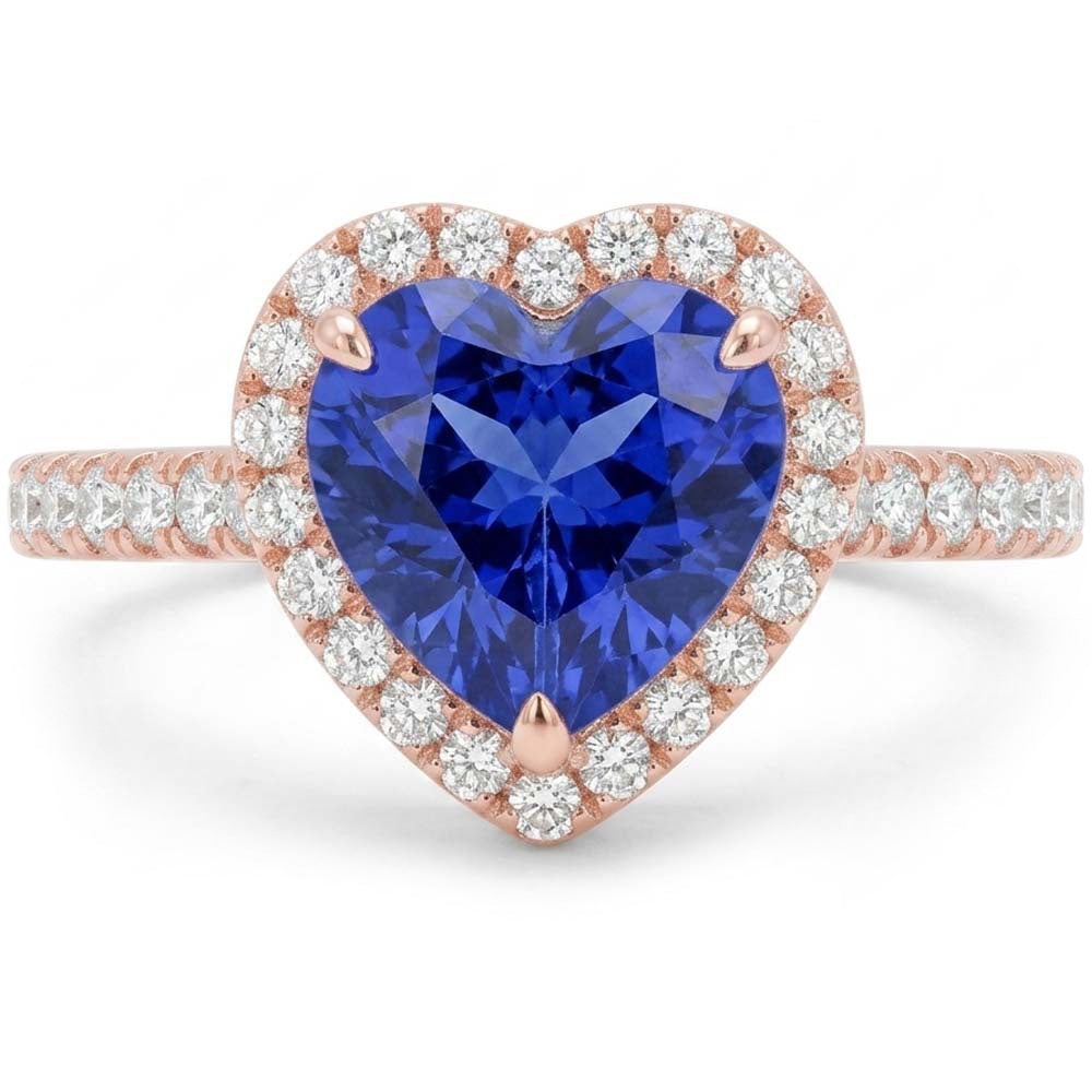 Rose Gold Halo Heart Blue Sapphire Ring With Natural Earth Mined Diamond Accents 3 Carats