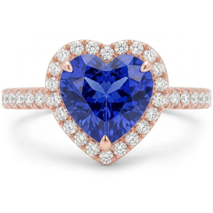 Rose Gold Halo Heart Blue Sapphire Ring With Natural Earth Mined Diamond Accents 3 Carats