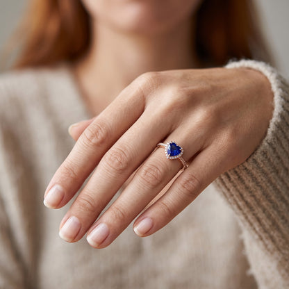 Rose Gold Halo Heart Blue Sapphire Ring With Natural Earth Mined Diamond Accents 3 Carats