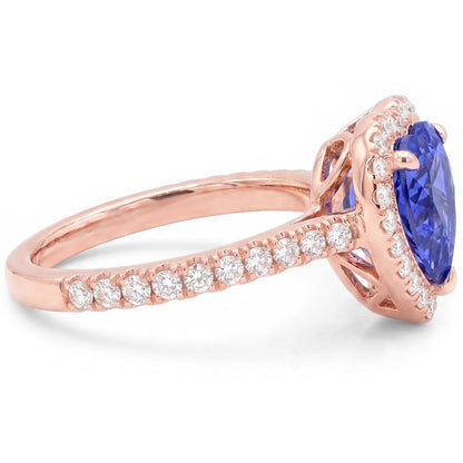 Rose Gold Halo Heart Blue Sapphire Ring With Natural Earth Mined Diamond Accents 3 Carats