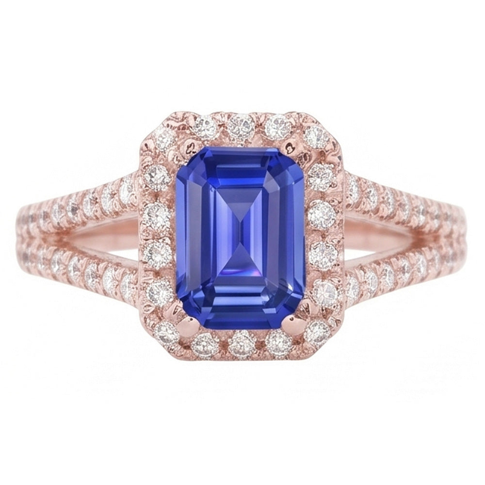 Rose Gold Halo Natural Earth Mined Diamond Emerald Sapphire Split Shank Jewelry 3 Carats