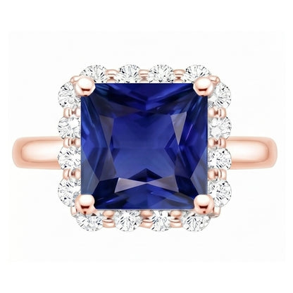Rose Gold Halo Natural Earth Mined Diamond Engagement Ring With Ceylon Sapphire 6 Carats
