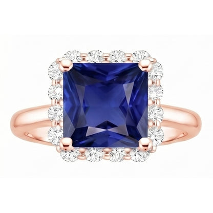 Rose Gold Halo Natural Earth Mined Diamond Engagement Ring With Ceylon Sapphire 6 Carats