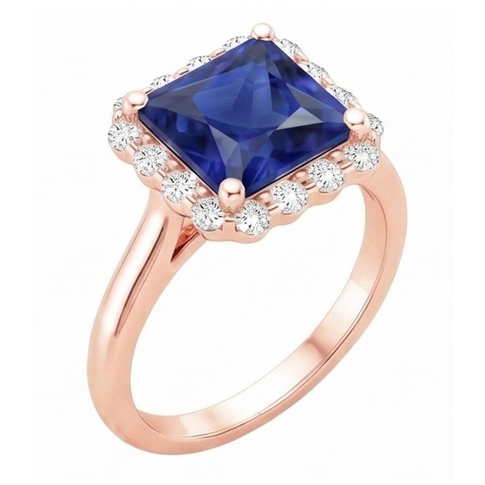 Rose Gold Halo Natural Earth Mined Diamond Engagement Ring With Ceylon Sapphire 6 Carats
