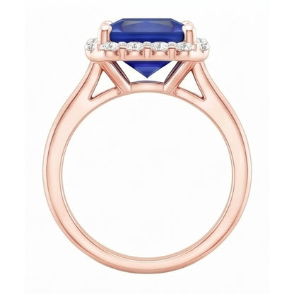 Rose Gold Halo Natural Earth Mined Diamond Engagement Ring With Ceylon Sapphire 6 Carats