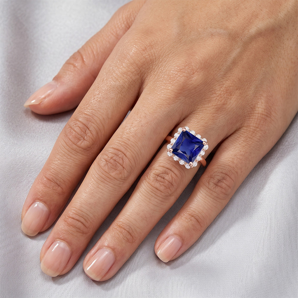 Rose Gold Halo Natural Earth Mined Diamond Engagement Ring With Ceylon Sapphire 6 Carats