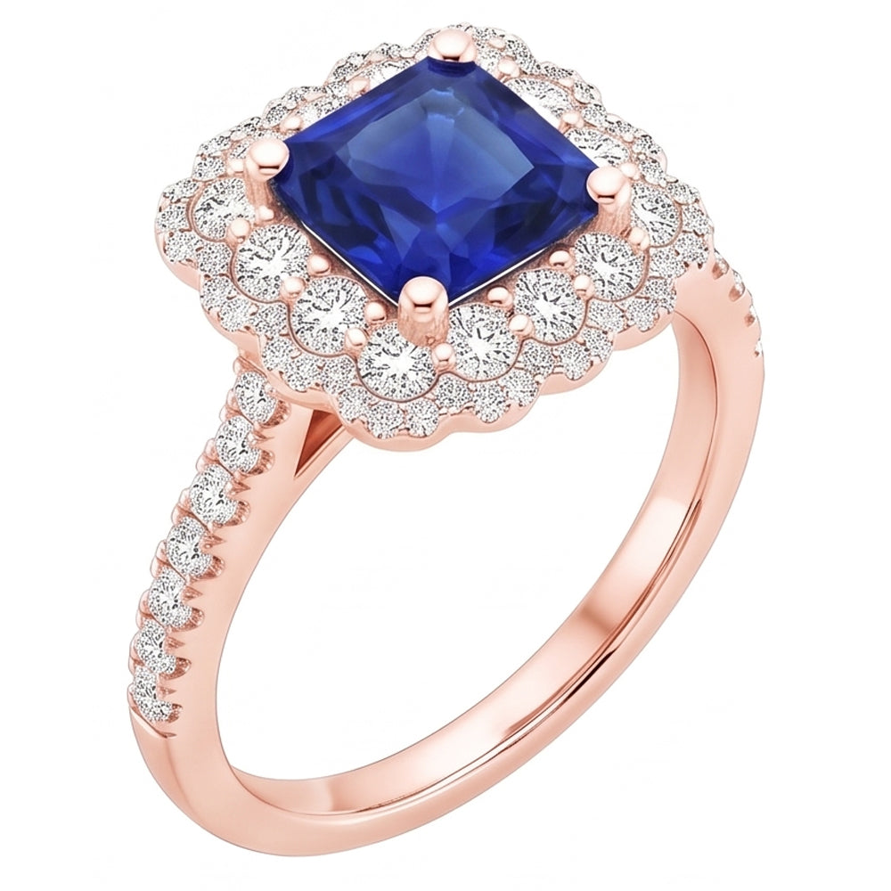 Rose Gold Halo Natural Earth Mined Diamond Ring Cushion Blue Sapphire Center 3.75 Carats