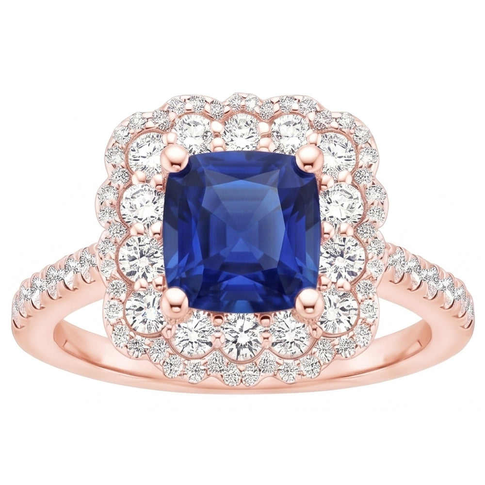 Rose Gold Halo Natural Earth Mined Diamond Ring Cushion Blue Sapphire Center 3.75 Carats