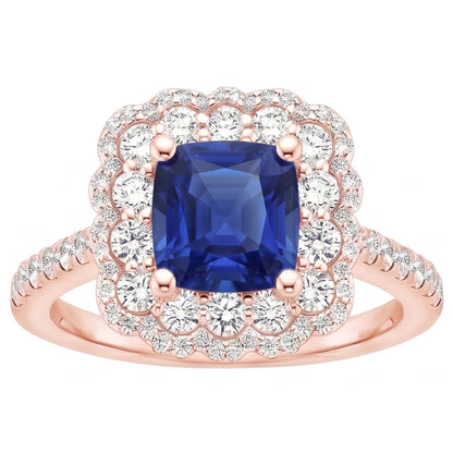Rose Gold Halo Natural Earth Mined Diamond Ring Cushion Blue Sapphire Center 3.75 Carats