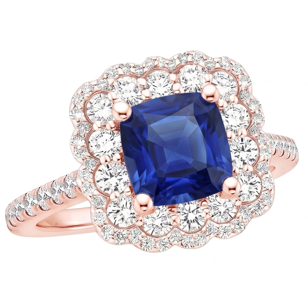 Rose Gold Halo Natural Earth Mined Diamond Ring Cushion Blue Sapphire Center 3.75 Carats
