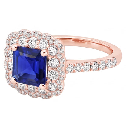Rose Gold Halo Natural Earth Mined Diamond Ring Cushion Blue Sapphire Center 3.75 Carats