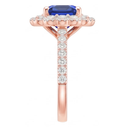Rose Gold Halo Natural Earth Mined Diamond Ring Cushion Blue Sapphire Center 3.75 Carats