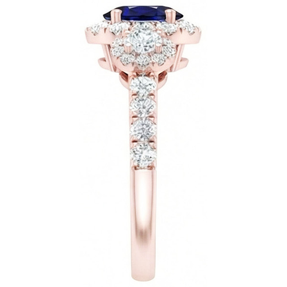 Rose Gold Halo Oval Sapphire Ring 3 Stone Style Natural Earth Mined Diamonds 5.50 Carats