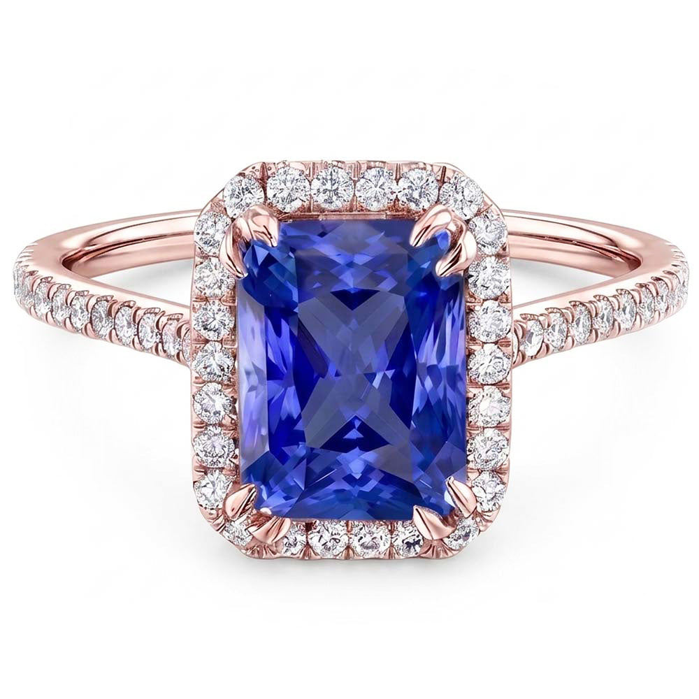 Rose Gold Halo Radiant Sapphire Ring 3.50 Carats Pave Set Natural Earth Mined Diamonds