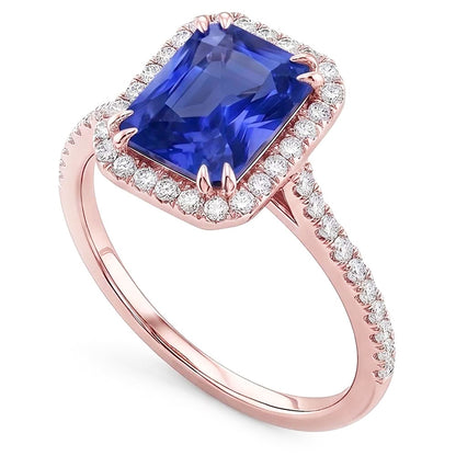 Rose Gold Halo Radiant Sapphire Ring 3.50 Carats Pave Set Natural Earth Mined Diamonds