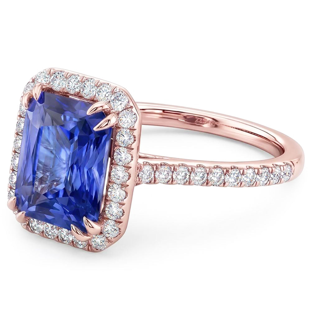 Rose Gold Halo Radiant Sapphire Ring 3.50 Carats Pave Set Natural Earth Mined Diamonds