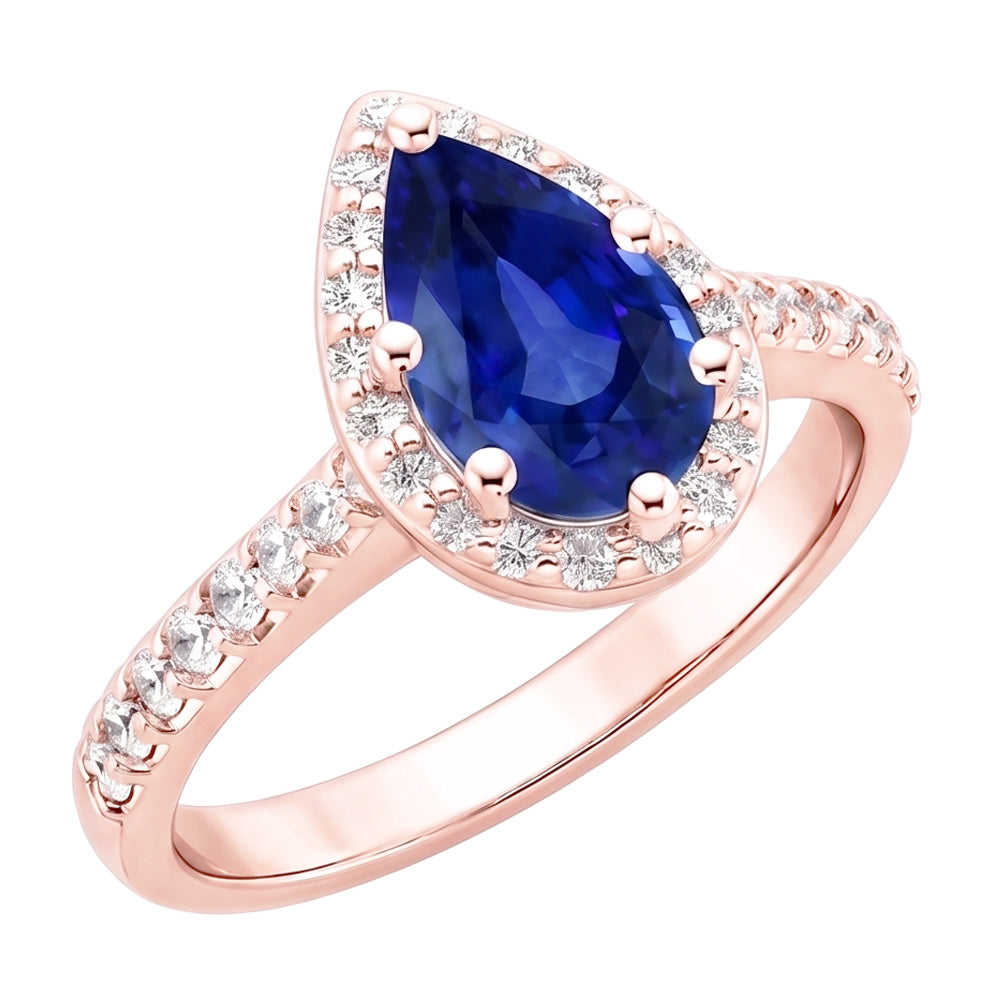 Rose Gold Halo Ring Pear Blue Sapphire & Natural Earth Mined Diamonds 3.50 Carats
