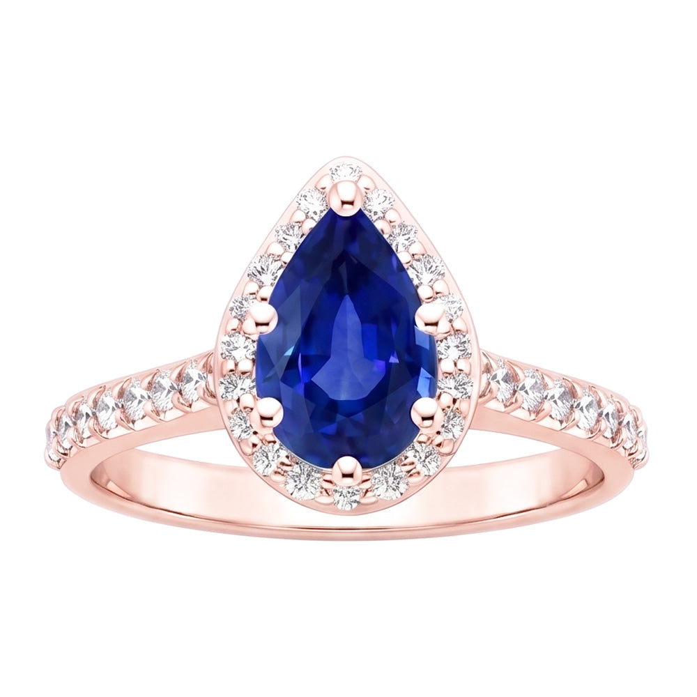 Rose Gold Halo Ring Pear Blue Sapphire & Natural Earth Mined Diamonds 3.50 Carats