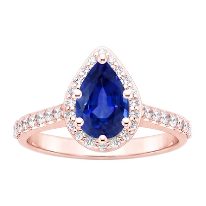 Rose Gold Halo Ring Pear Blue Sapphire & Natural Earth Mined Diamonds 3.50 Carats