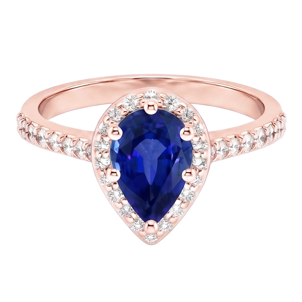 Rose Gold Halo Ring Pear Blue Sapphire & Natural Earth Mined Diamonds 3.50 Carats