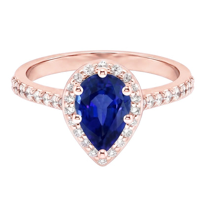 Rose Gold Halo Ring Pear Blue Sapphire & Natural Earth Mined Diamonds 3.50 Carats