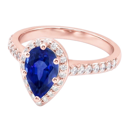 Rose Gold Halo Ring Pear Blue Sapphire & Natural Earth Mined Diamonds 3.50 Carats