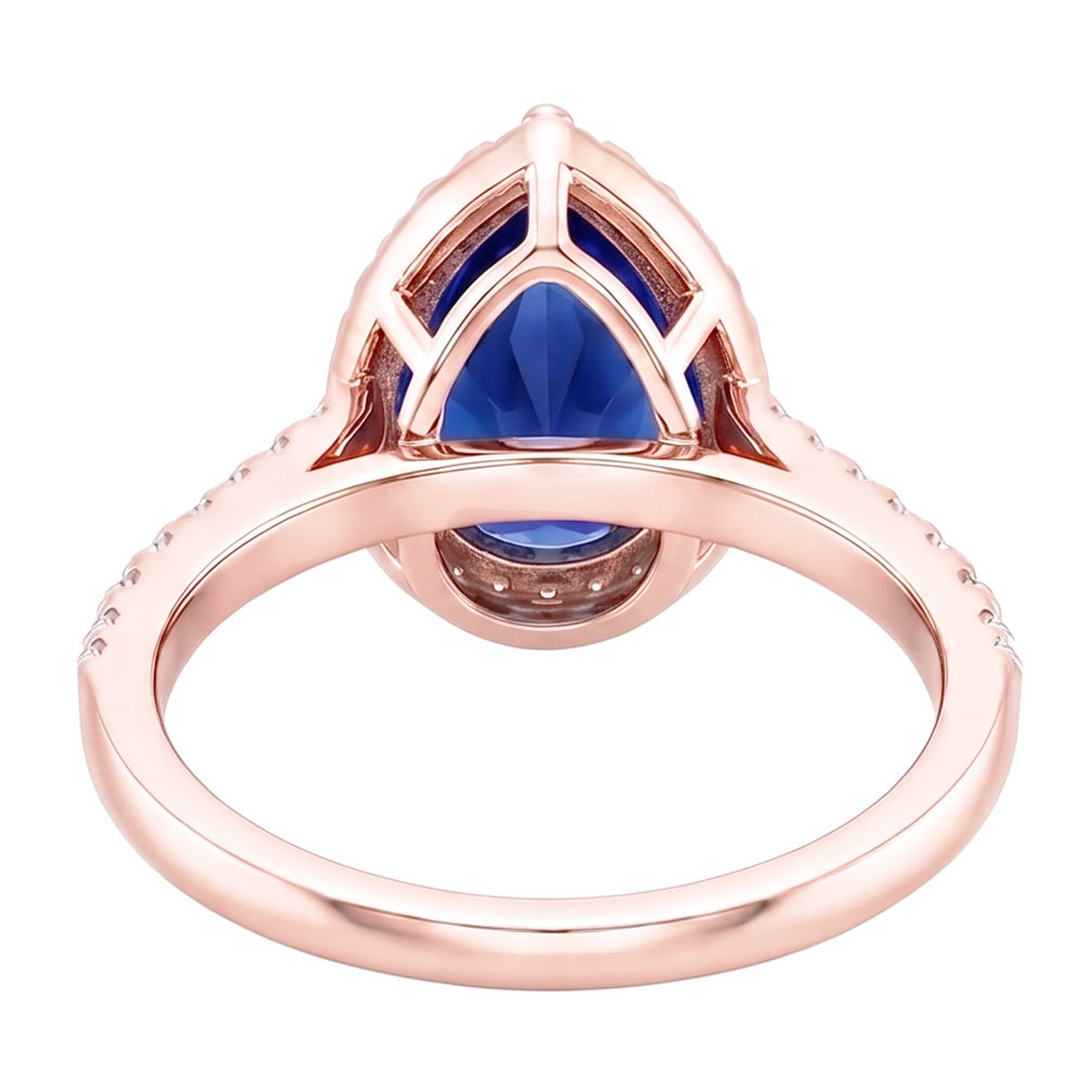 Rose Gold Halo Ring Pear Blue Sapphire & Natural Earth Mined Diamonds 3.50 Carats
