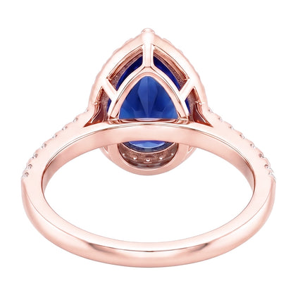 Rose Gold Halo Ring Pear Blue Sapphire & Natural Earth Mined Diamonds 3.50 Carats