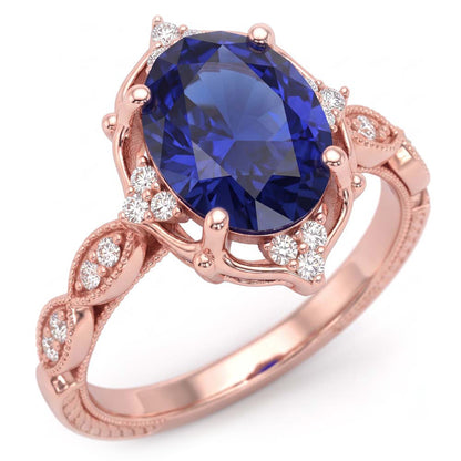 Rose Gold Natural Earth Mined Diamond Halo Vintage Style Blue Sapphire Ring 3 Carats