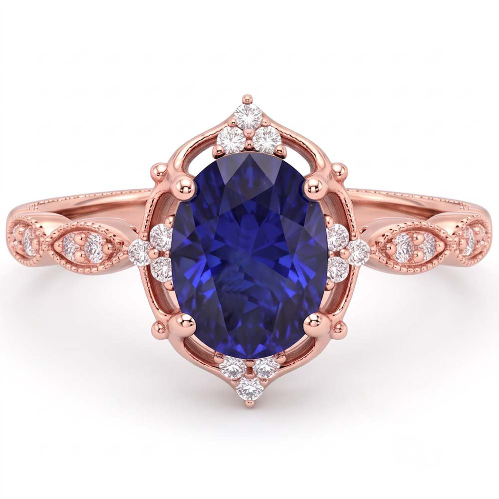 Rose Gold Natural Earth Mined Diamond Halo Vintage Style Blue Sapphire Ring 3 Carats