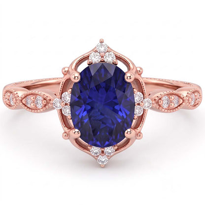 Rose Gold Natural Earth Mined Diamond Halo Vintage Style Blue Sapphire Ring 3 Carats