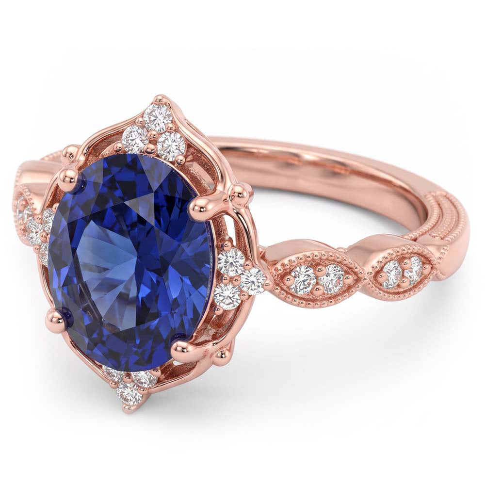 Rose Gold Natural Earth Mined Diamond Halo Vintage Style Blue Sapphire Ring 3 Carats