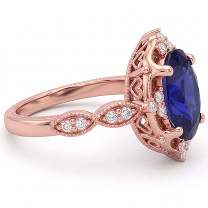 Rose Gold Natural Earth Mined Diamond Halo Vintage Style Blue Sapphire Ring 3 Carats