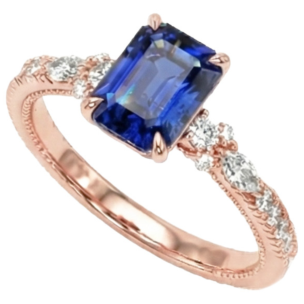 Rose Gold Natural Earth Mined Diamond Pave Setting Ring Radiant Blue Sapphire 4 Carats