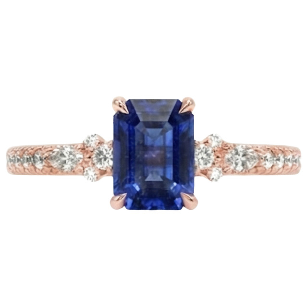 Rose Gold Natural Earth Mined Diamond Pave Setting Ring Radiant Blue Sapphire 4 Carats