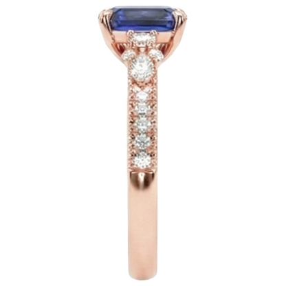 Rose Gold Natural Earth Mined Diamond Pave Setting Ring Radiant Blue Sapphire 4 Carats