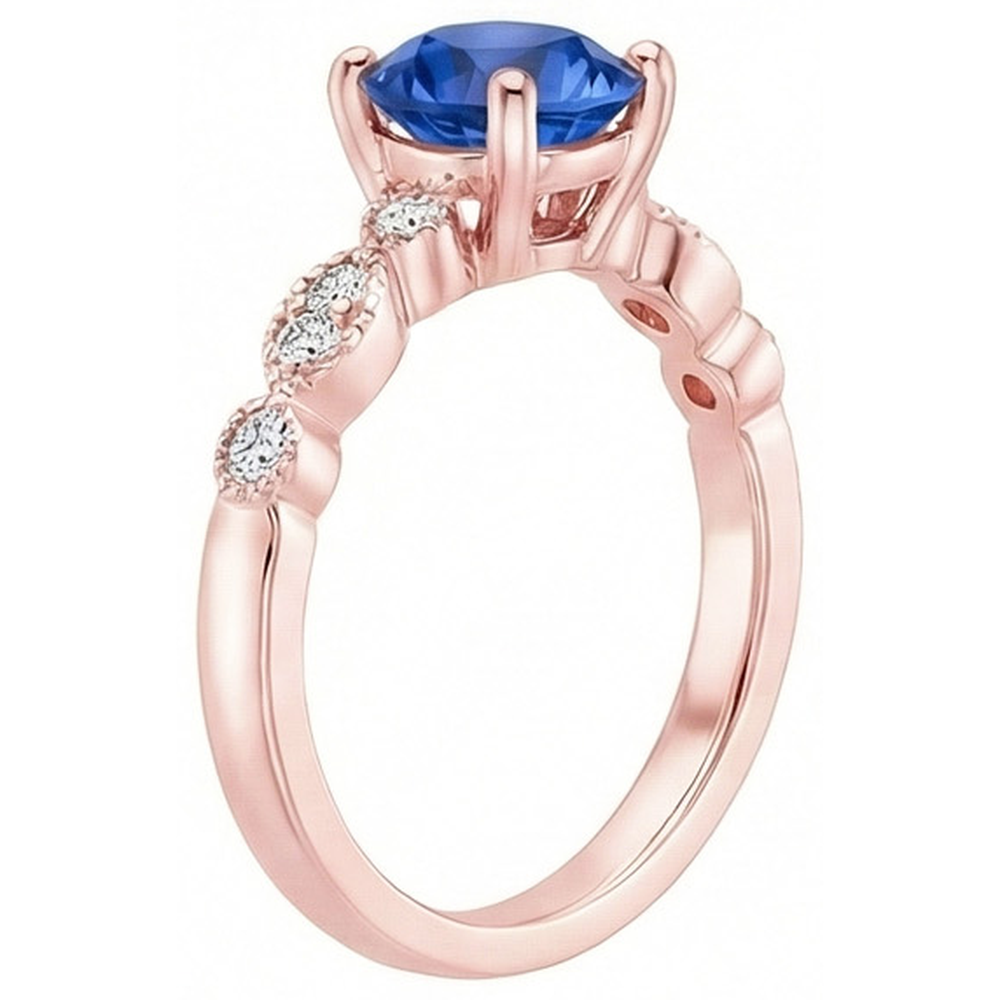 Rose Gold Natural Earth Mined Diamond Ring 2.50 Carats Vintage Style Round Blue Sapphire