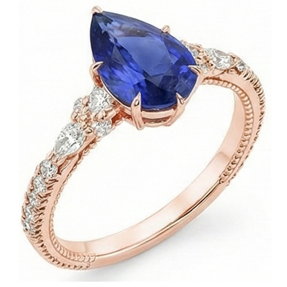 Rose Gold Natural Earth Mined Diamond Ring Pear Ceylon Sapphire Vintage Style 5.50 Carats