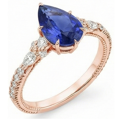 Rose Gold Natural Earth Mined Diamond Ring Pear Ceylon Sapphire Vintage Style 5.50 Carats